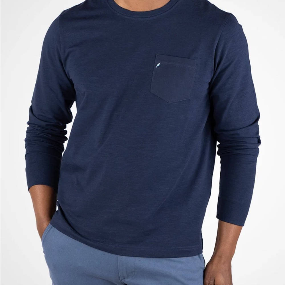TAILOR VINTAGE Navy Blue Long Sleeve Tee Men’s Slub Jersey T-shirt Chest Pocket